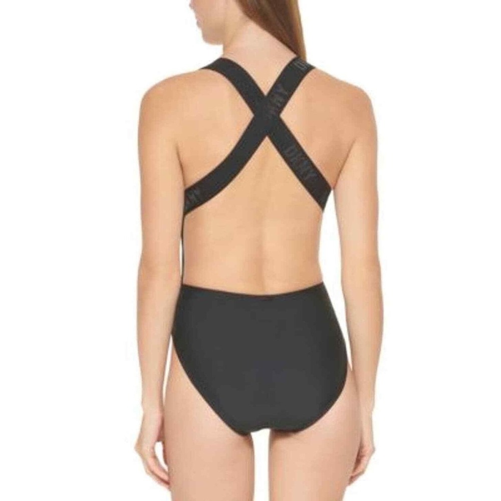 DKNY Womens One Piece Swimsuit Medium Black Logo Strap Cross Back - Picture 1 of 4